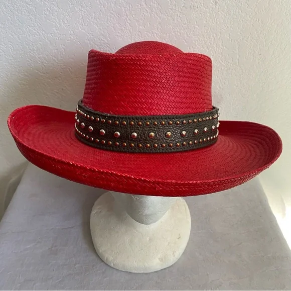 Custom Hat Vintage Fiesta Santa Barbara Red Sunhat w Custom Studded Leather Band - Picture 2 of 7
